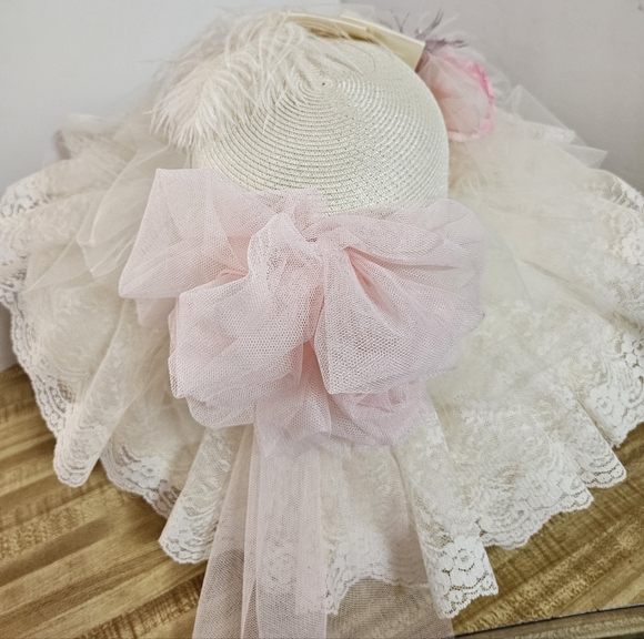 Recollections Victorian Hat Pink Rose Lace Wide Brim Feather Kentucky Derby - Picture 4 of 12